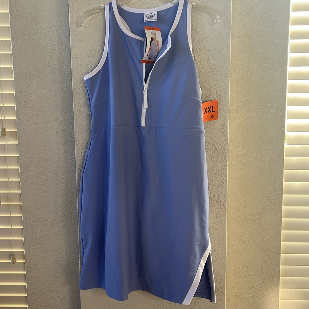 Sage Blue and White Zip-Front Mini Dress